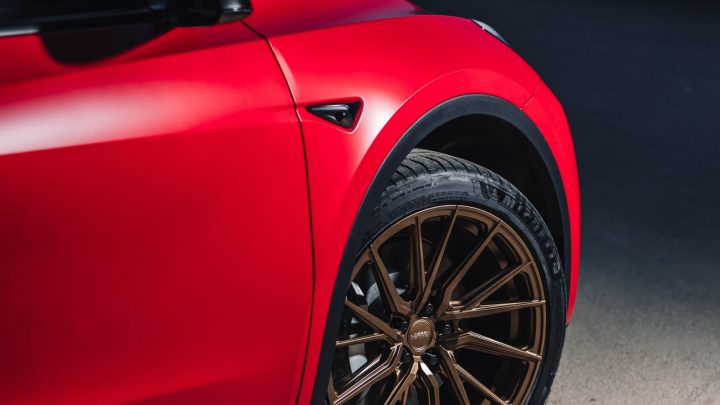 Red Tesla Model Y - Vossen HF-4T Wheels in Satin Bronze