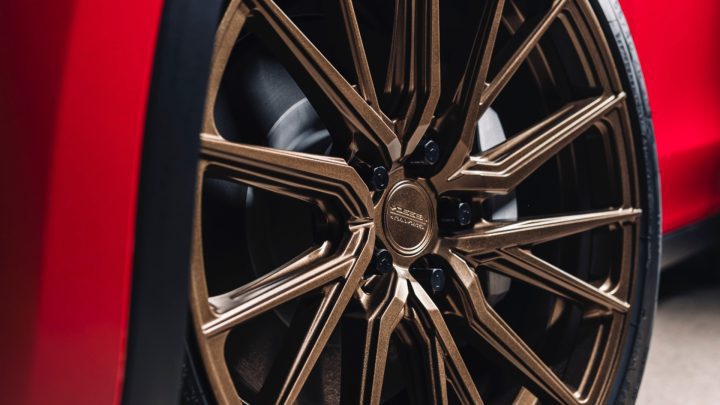Red Tesla Model Y - Vossen HF-4T Wheels in Satin Bronze