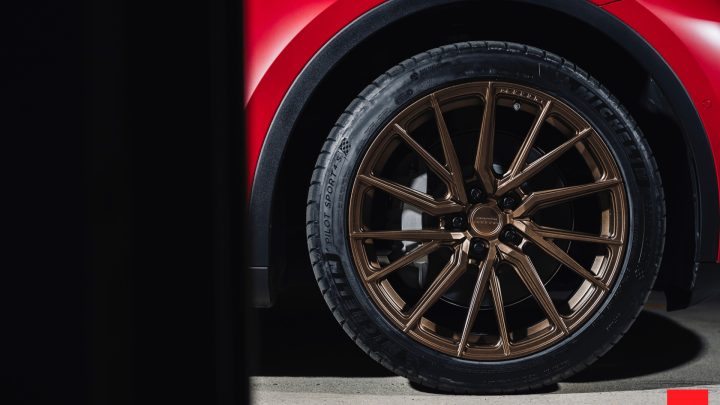 Red Tesla Model Y - Vossen HF-4T Wheels in Satin Bronze