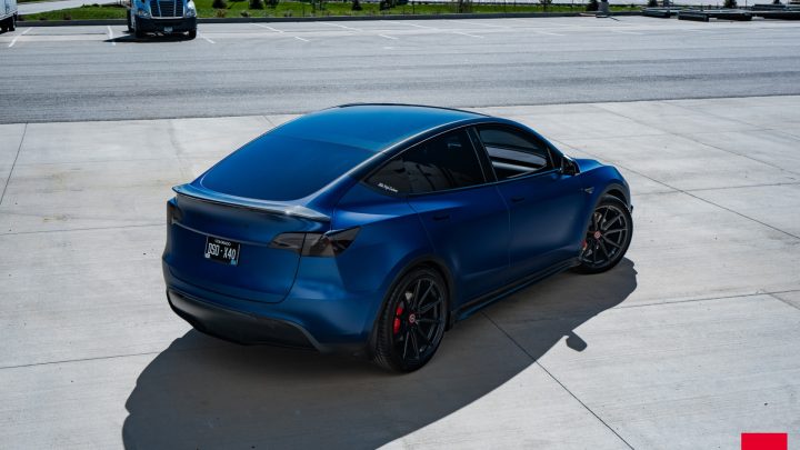 Blue Tesla Model Y - Vossen HF-3 Wheels in Satin Black